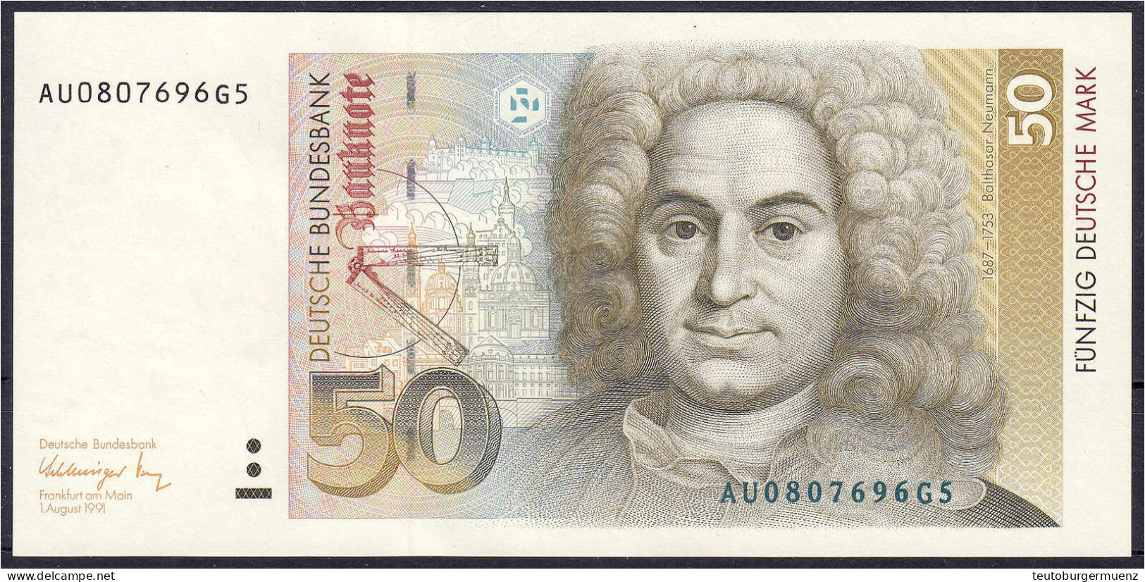 50 Deutsche Mark 1.8.1991. AU/G. I- Rosenberg 299a. Grabowski. BRD-43a. - Altri & Non Classificati