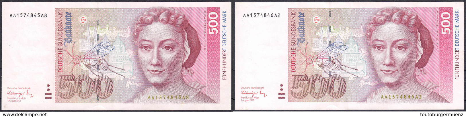 2x 500 Deutsche Mark 1.8.1991. Folge KN. Serie AA/A. II. Rosenberg 301a. Grabowski. BRD-45a. - Sonstige & Ohne Zuordnung