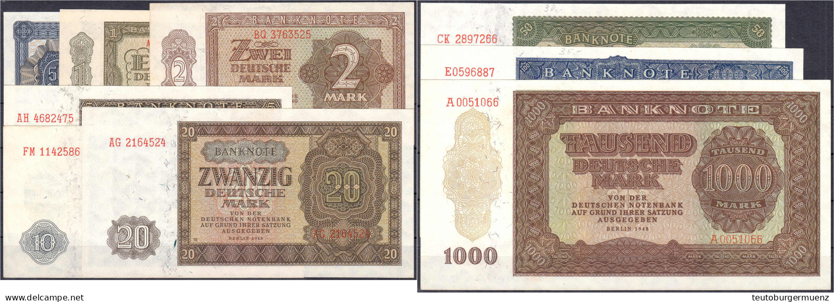 Kompletter Satz Der Banknotenserie (DDR-Druck) 1948. Insgesamt 9 Scheine Zu 50 Pfg., 1, 2, 5, 10, 20, 50, 100 U. 1000 De - Sonstige & Ohne Zuordnung