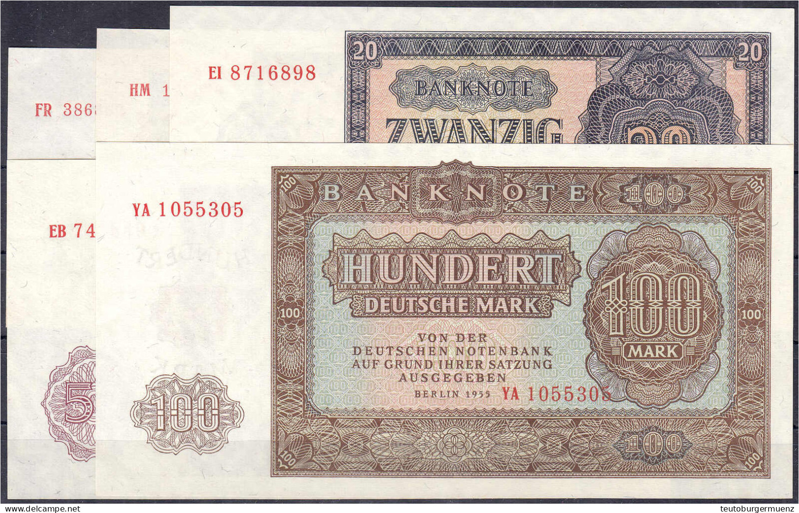 Kompletter Satz Der Banknotenserie (DDR-Druck) 1955. Insgesamt 5 Scheine Zu 5, 10, 20, 50 Und 100 Mark. I Bis I- Rosenbe - Other & Unclassified