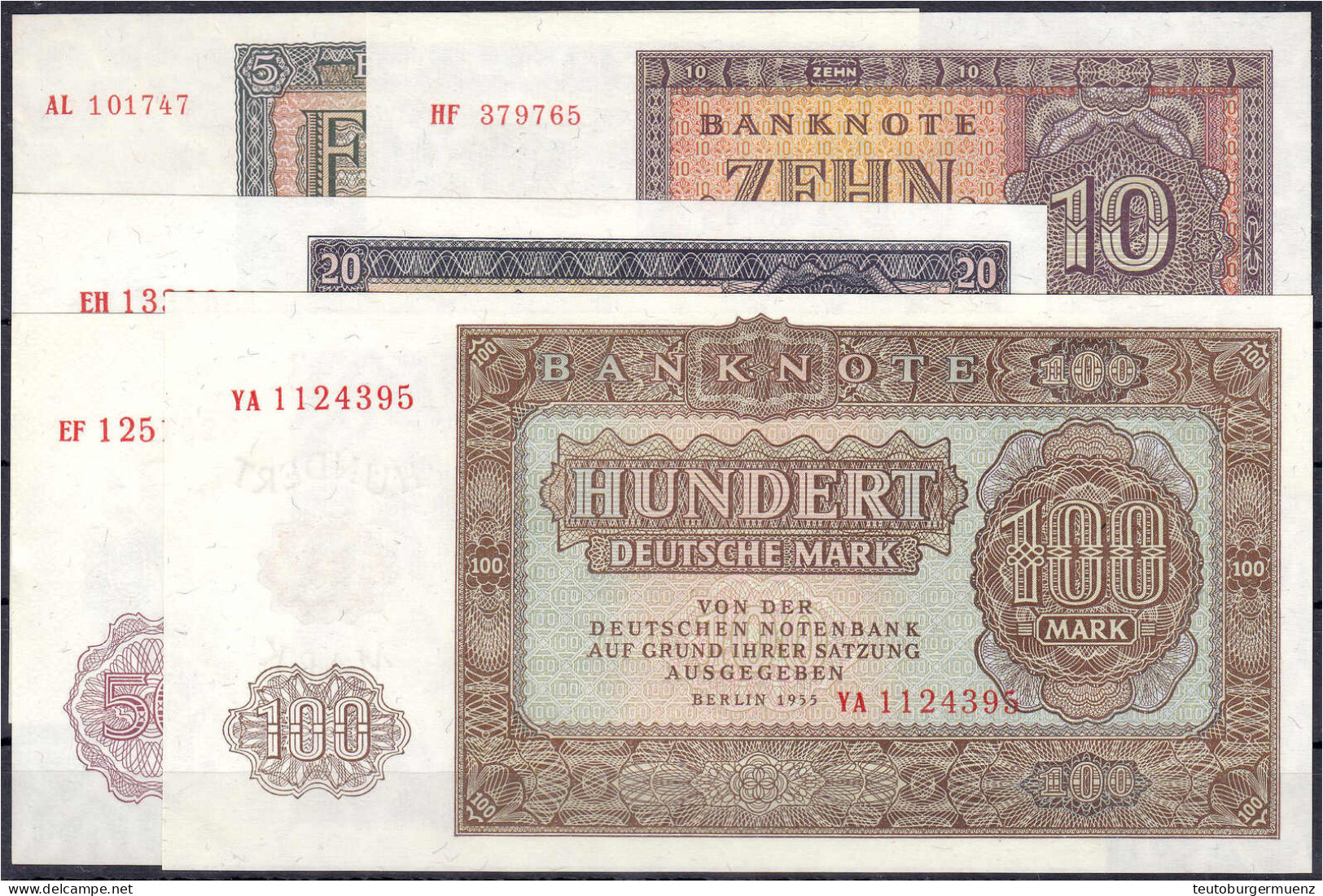 Kompletter Satz Der Banknotenserie (DDR-Druck) 1955. Insgesamt 5 Scheine Zu 5, 10, 20, 50 Und 100 Mark. I Bis I- Rosenbe - Other & Unclassified