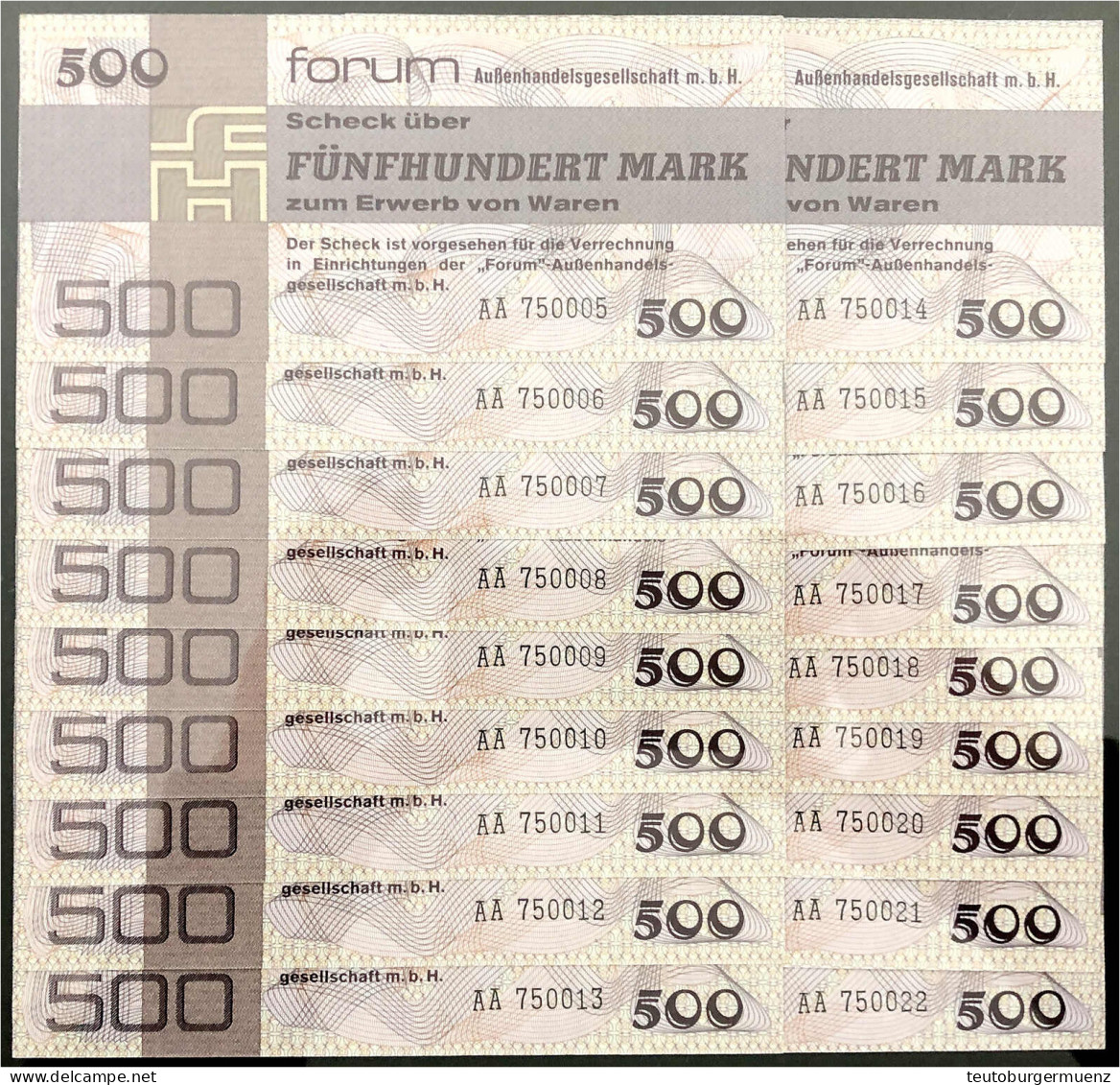 Forum Außenhandelsgesellschaft M.b.H., 18x 500 Mark 1979. Fortlaufende KN. AA 750005 - AA 750022. I / I- Rosenberg 373.  - Other & Unclassified