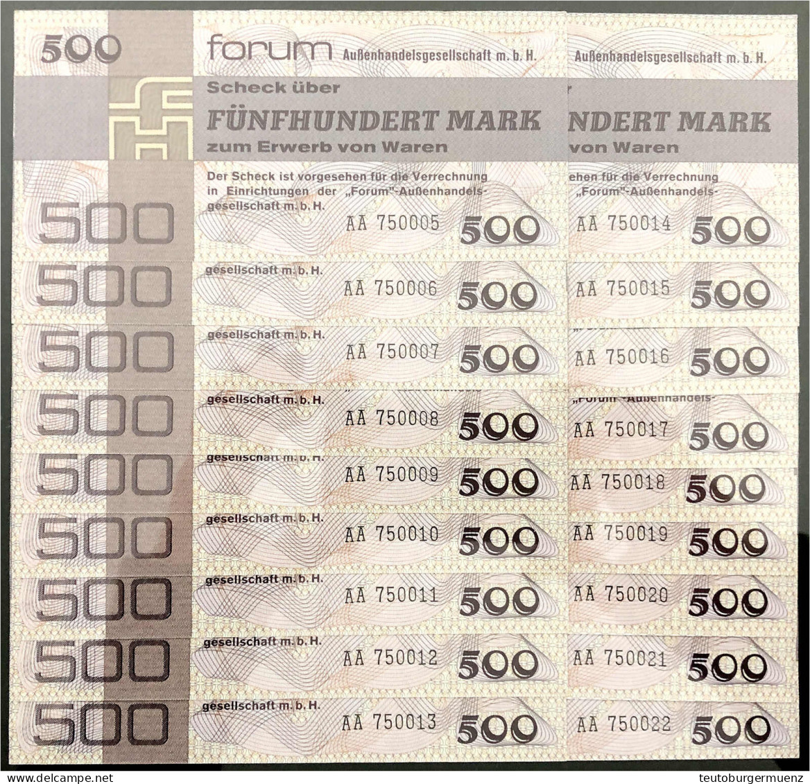 Forum Außenhandelsgesellschaft M.b.H., 18x 500 Mark 1979. Fortlaufende KN. AA 750005 - AA 750022. I / I- Rosenberg 373.  - Sonstige & Ohne Zuordnung