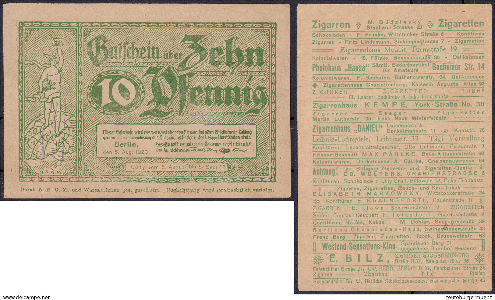 Gesellschaft Für Gutscheinreklame, 10 Pfg. 5.8.1920. Ohne Wz. II. Tieste 0460.090.40. - [11] Local Banknote Issues