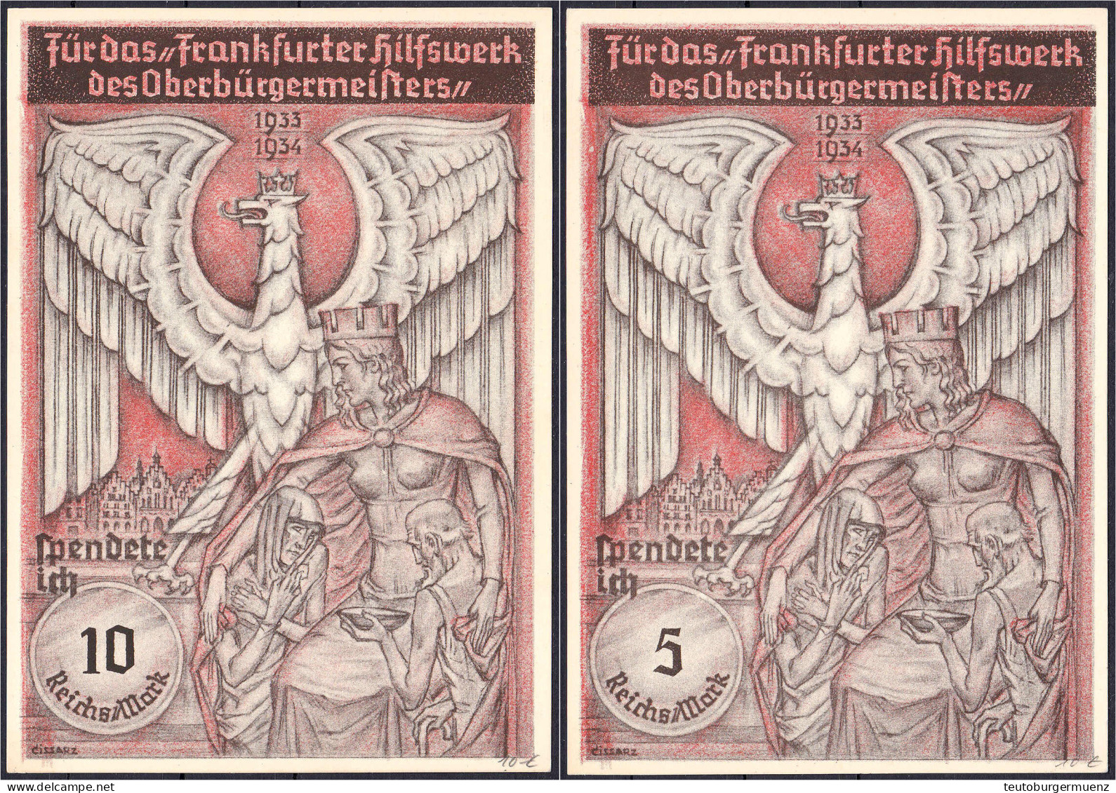 Frankfurter Hilfswerk 1933/34. 2 Spendenkarten Zu 5 U. 10 Reichsmark Für Das „Frankfurter Hilfswerk Des Oberbürgermeiste - Lokale Ausgaben