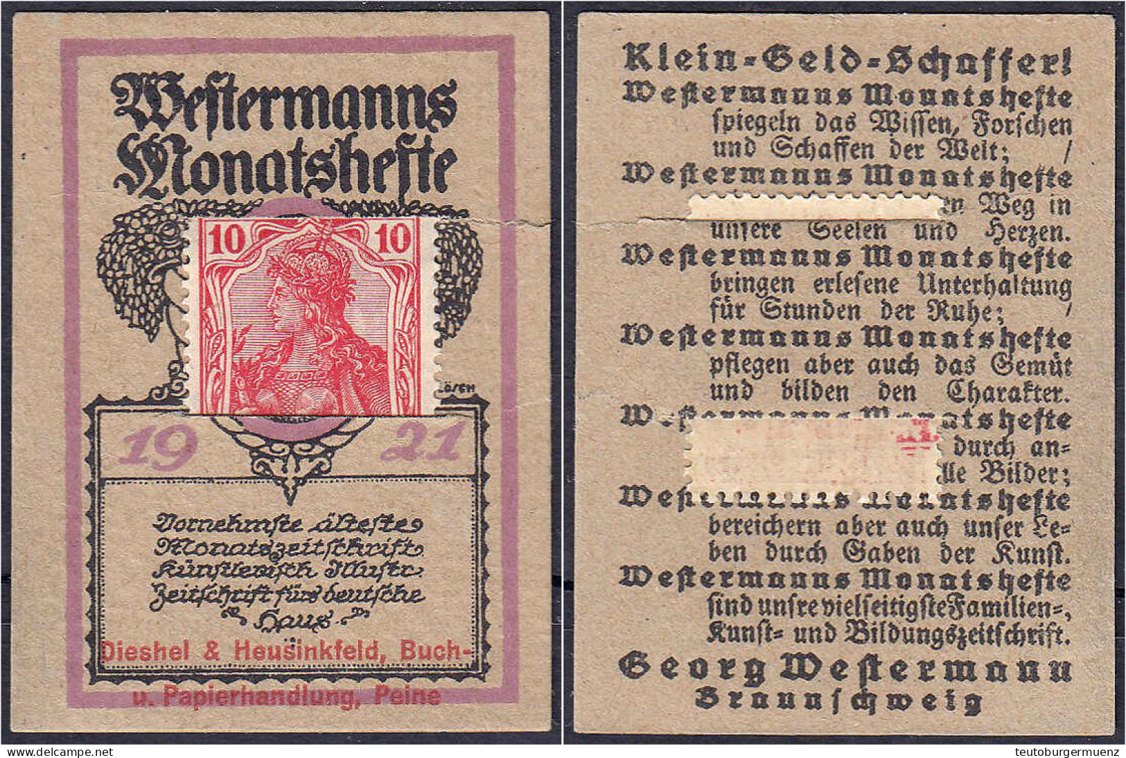Dieshel &amp; Heusinkfeld, Buch- Und Papierhandlung, 10 Pfg. 1921. Karton. III, Eingerissen. Tieste 5540.05.01. - [11] Emissions Locales