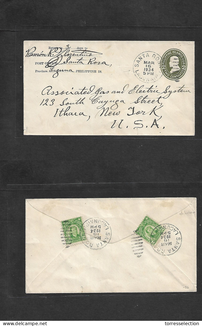 PHILIPPINES. 1934 (16 March) Santa Rosa, Laguna - USA, Ithaca, NY. 2c Green Stat Env Reverse Fkd. Fine Used. - Filipinas