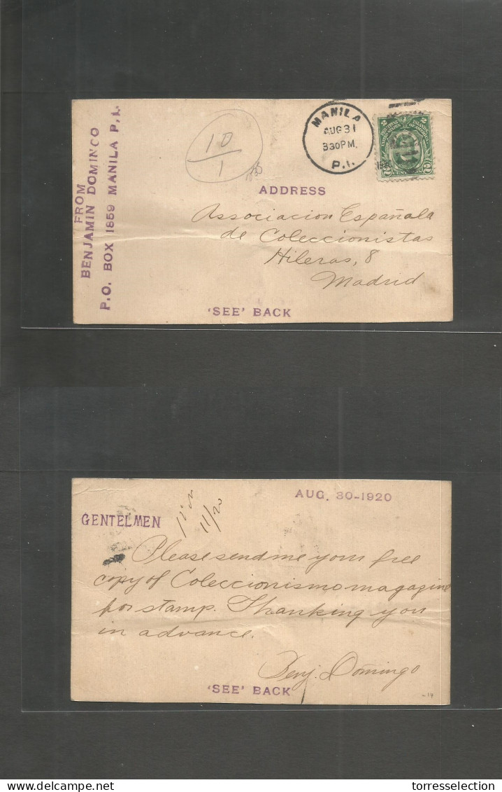 PHILIPPINES. 1920 (30-31 Aug) Manila - Spain, Madrid. Fkd Private Card. Very Scarce. - Filipinas