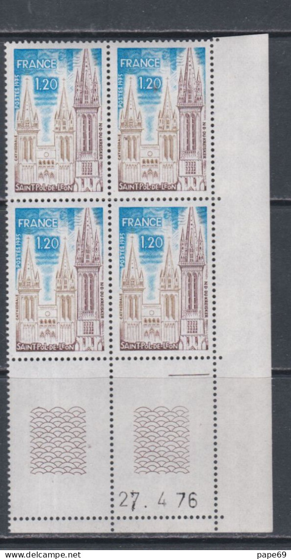 France N° 1808 XX Saint-Pol-de-Léon En Bloc De 4 Coin Daté Du 27 . 4 . 75 ; 1 Trait, Sans Charnière, TB - 1970-1979