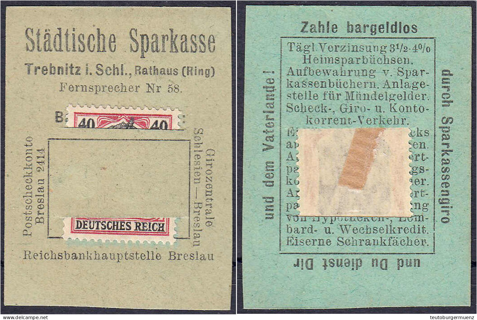 Städtische Sparkasse, 40 Pfg. O.D. (1920). Karton Mit In Schlitze Gesteckter Briefmarke. I- Tieste 7400.20.01. - Lokale Ausgaben