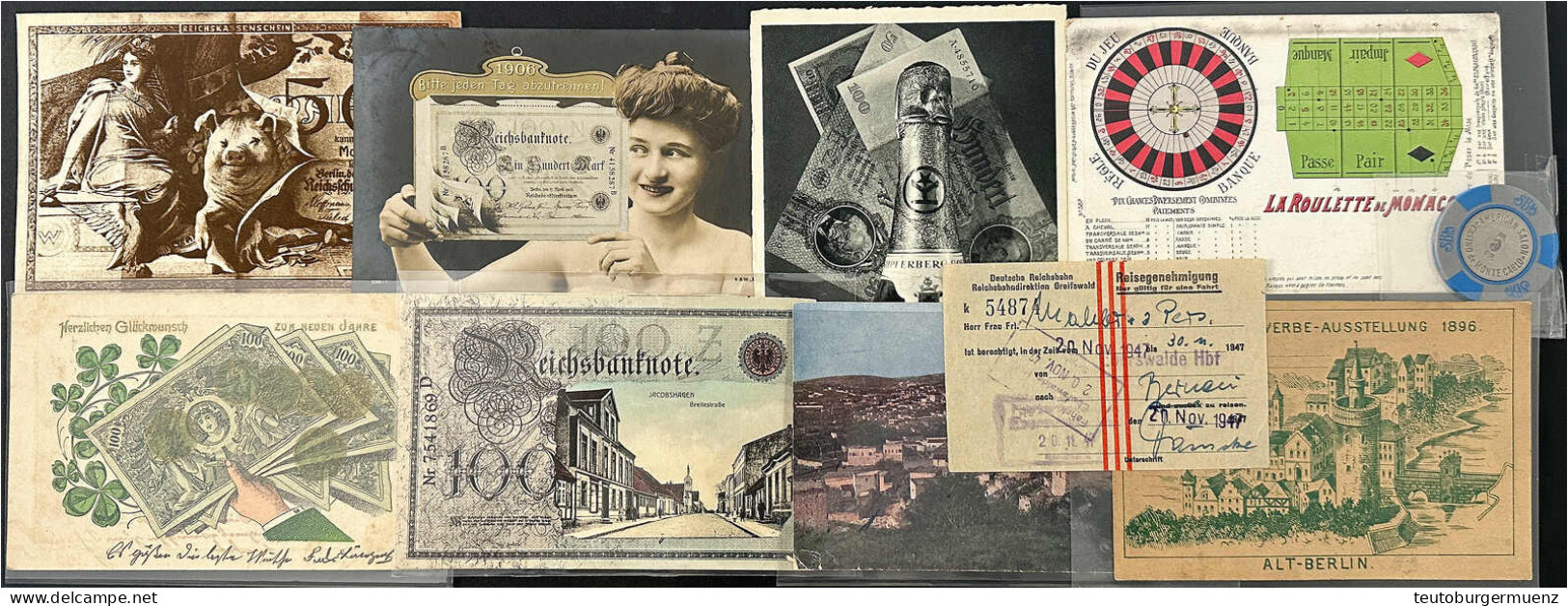 Insgesamt 9 Stück, 5x Postkarten Mit Bezug Zu Banknoten, 1x Reisegenehmigung 1947, Berliner Gewerbe Ausstellung 1896 S.  - Verzamelingen & Kavels