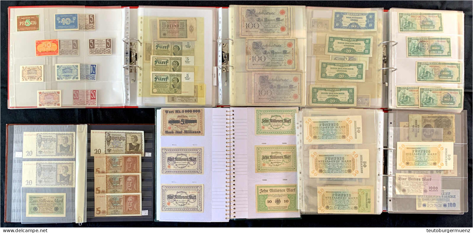 Karton Mit über 1000 Scheinen, Darunter überwiegend Reichsbanknoten Ab 100 Mark 1898, über 1-5 Bio. Mark, Rentenbank, 19 - Collections