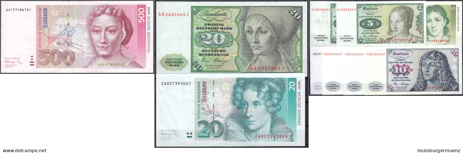 BRD, Kleines Lot Von Insgesamt 10 Scheinen Zu 3x 5, 4x 10, 2x 20 Darunter Rosenberg 298 Austauschnote ZA/A Und 500 Deuts - Colecciones