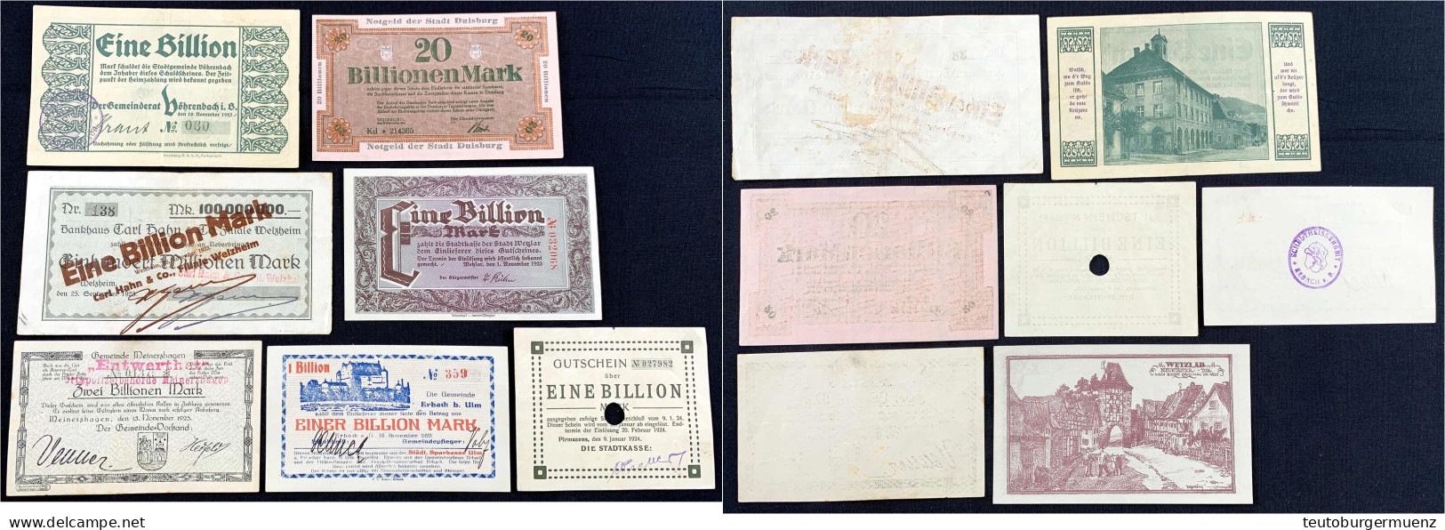 Billionenscheine, Insgesamt 7 Stück Aus Duisburg, Erbach, Meinerzhagen, Pirmasens, Vöhrenbach, Welzheim Und Wetzlar. Unt - Collections