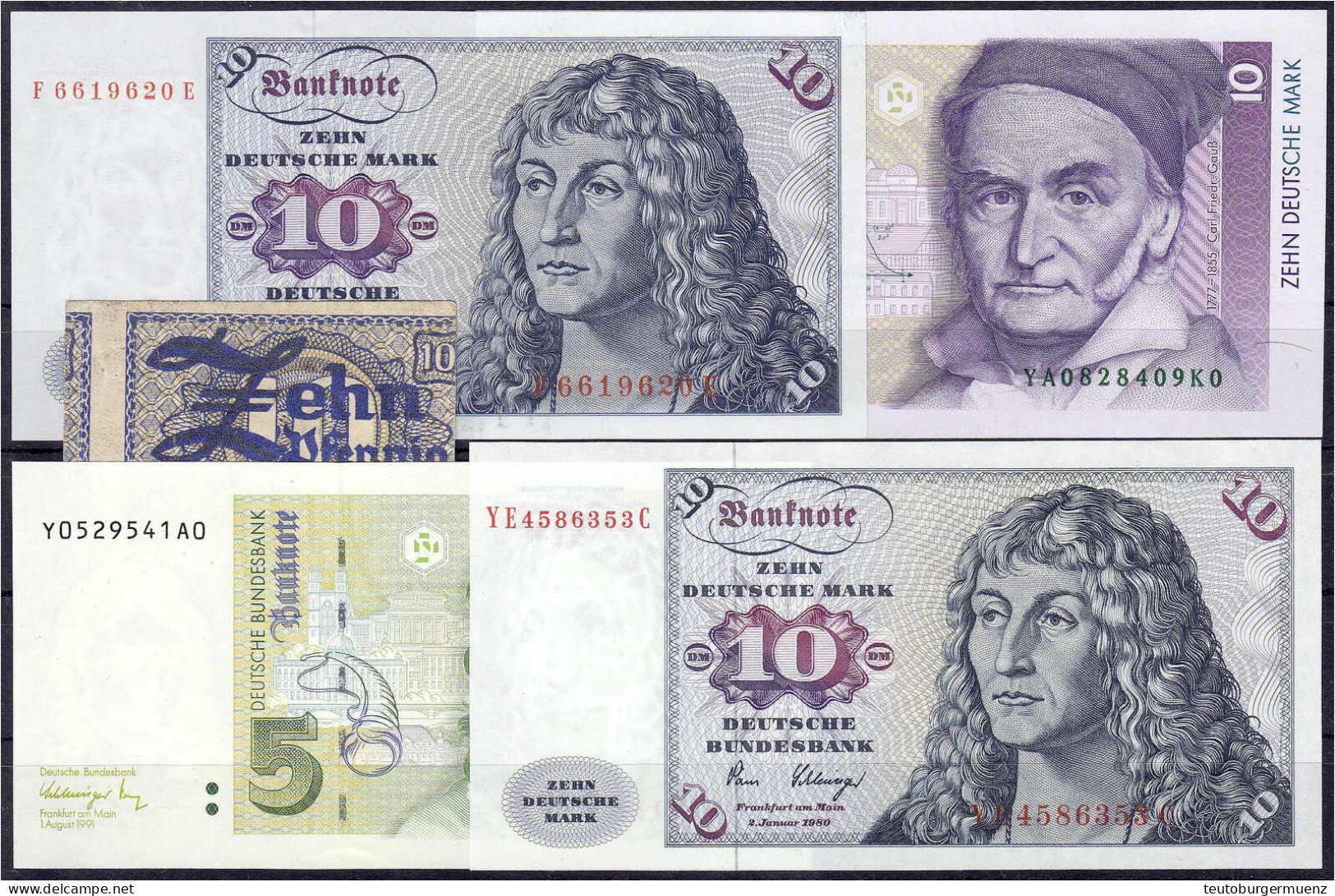 5 Scheine: 10 Pfg. BDL 1948, 5 Deutsche Mark 1991 Und 3x 10 Deutsche Mark 1960, 1980 Und 1993. I-III - Sammlungen