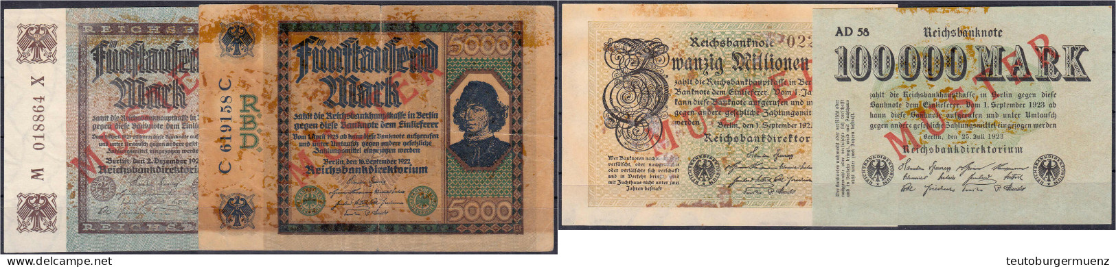 Reichsbanknoten, 4 Scheine Mit Rotaufdruck „Muster“ Zu 2x 5, 100 Tsd. Und 20 Mio. Mark 1922 - 1923. Meist III Und Flecki - Verzamelingen
