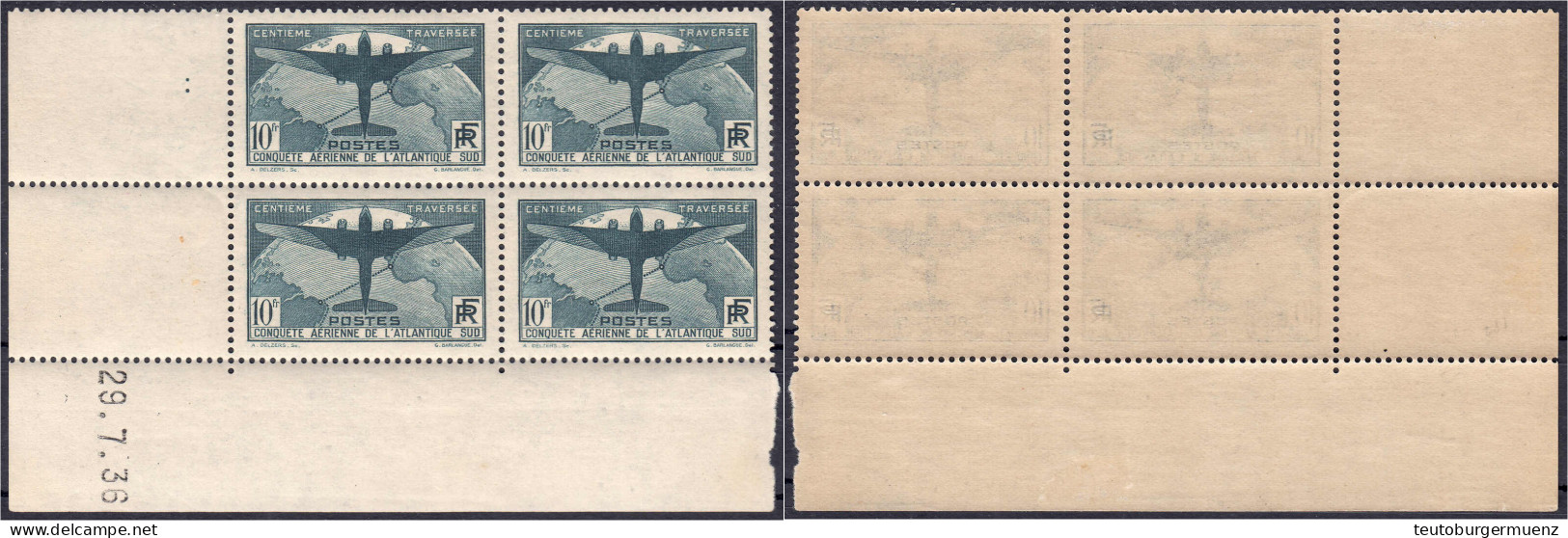 10 Fr. Ozeanüberquerung Französischer Postflugzeuge 1936, Kompletter Eckrand-Viererblock In Postfrischer Erhaltung, Nur  - Other & Unclassified