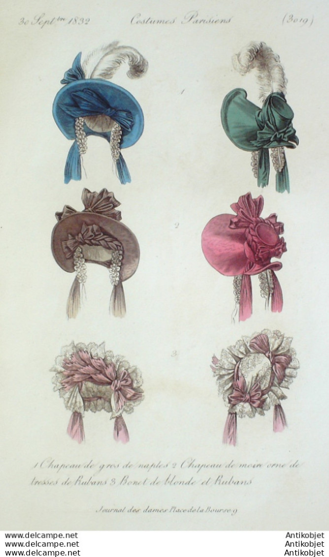 Gravure De Mode Costume Parisien 1832 N°3019 Chapeaux De Gros De Naples - Etchings