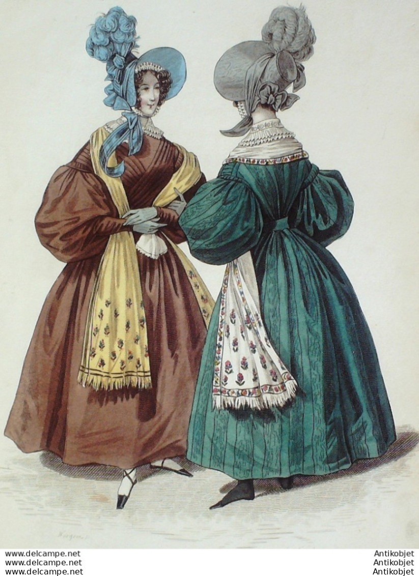 Gravure De Mode Costume Parisien 1832 N°3026 Robes De Gros De Naples à Raies - Eaux-fortes