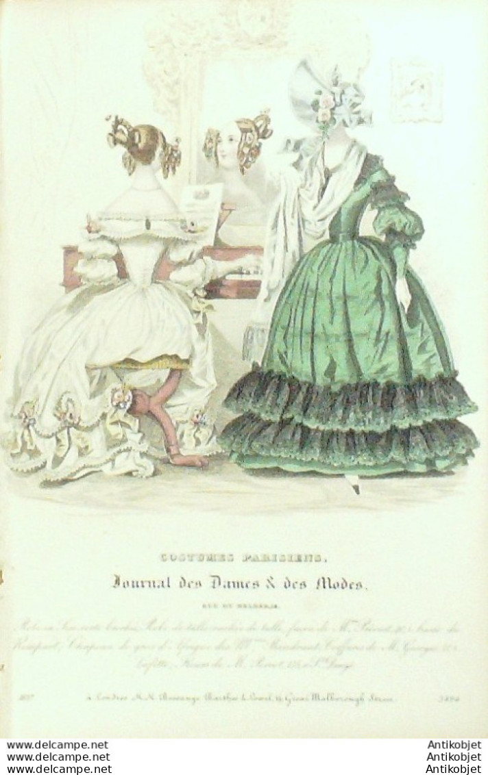 Gravure De Mode Costume Parisien 1837 N°3494 Robes En Soie Brochée & Tulle - Eaux-fortes