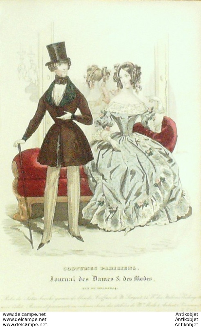 Gravure De Mode Costume Parisien 1837 N°3503 Robe Satin Broché Garnie  - Etchings
