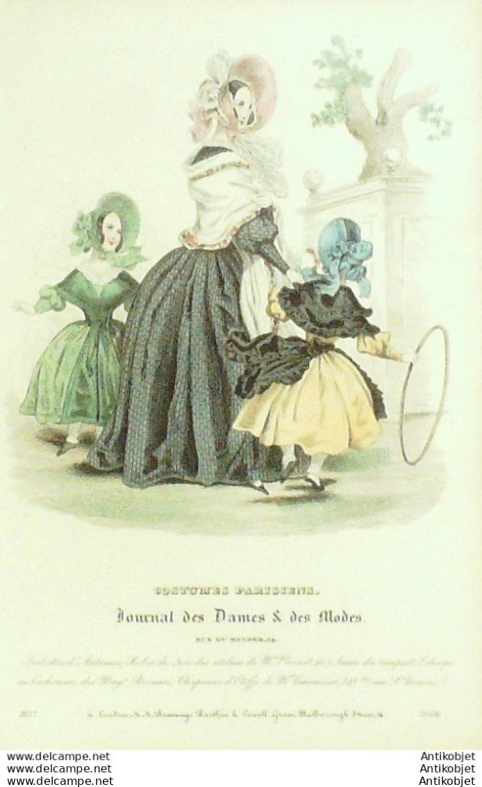 Gravure De Mode Costume Parisien 1837 N°3506  Robes De Soie écharpe Cachemire - Radierungen