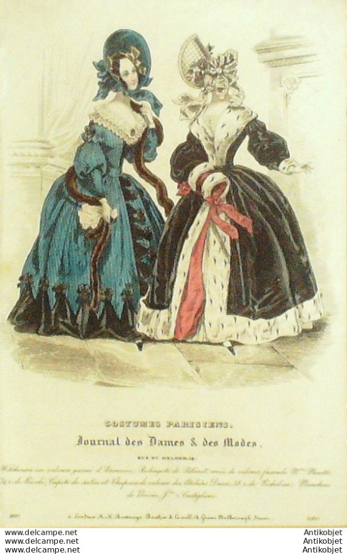 Gravure De Mode Costume Parisien 1837 N°3510 Wittchoura En Velours & Hermine - Etchings