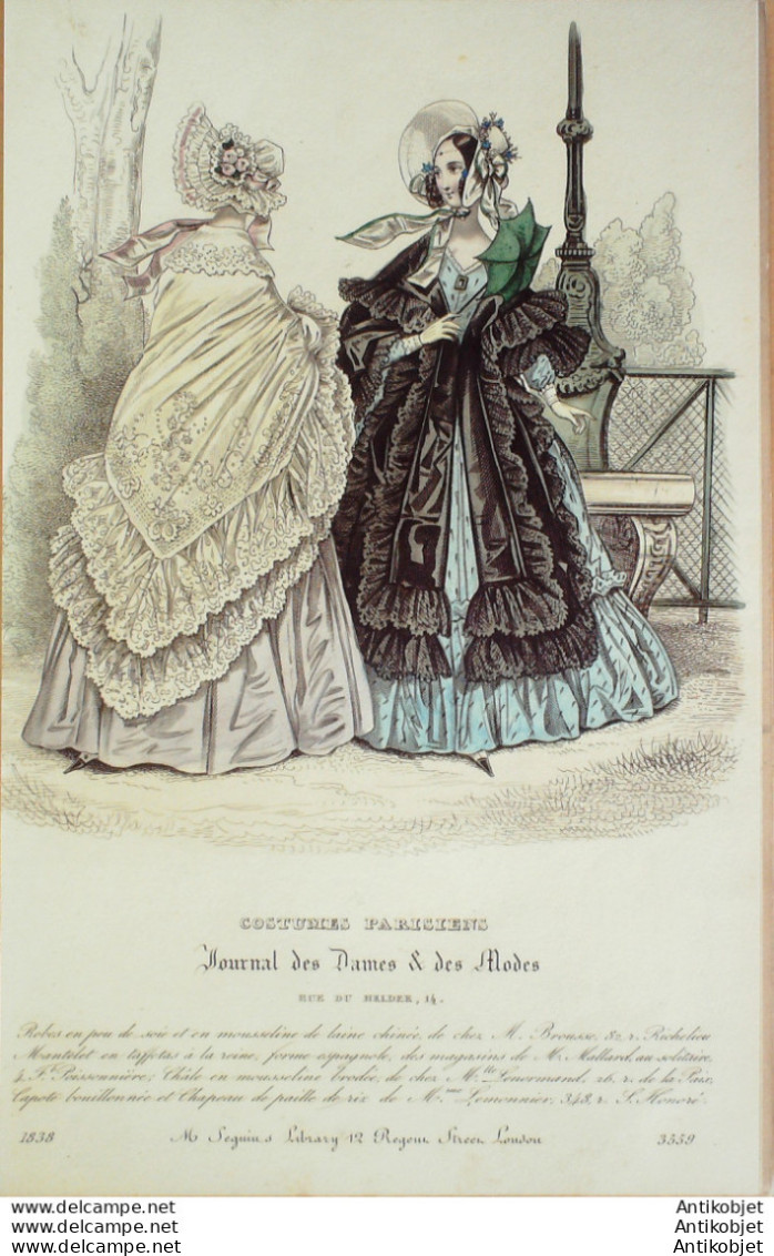 Gravure De Mode Costume Parisien 1838 N°3559 Robes Poult De Soie & Mousseline - Radierungen