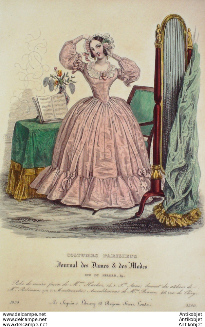 Gravure De Mode Costume Parisien 1838 N°3560 Robe De Moire - Radierungen