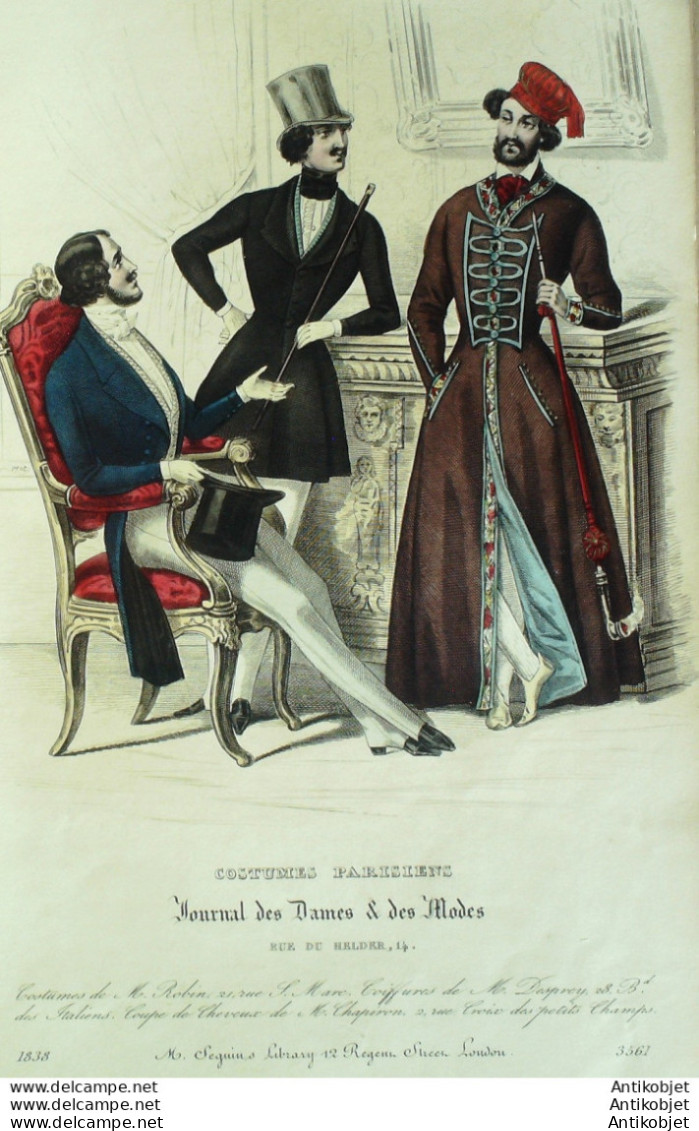 Gravure De Mode Costume Parisien 1838 N°3561 Habits Peignoir Homme Chapeaux - Etsen