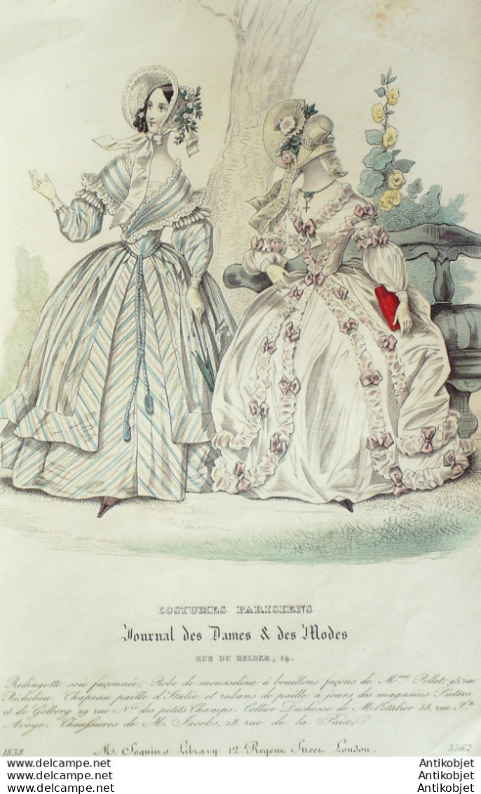 Gravure De Mode Costume Parisien 1838 N°3562 Redingote En Soie Façonnée - Radierungen