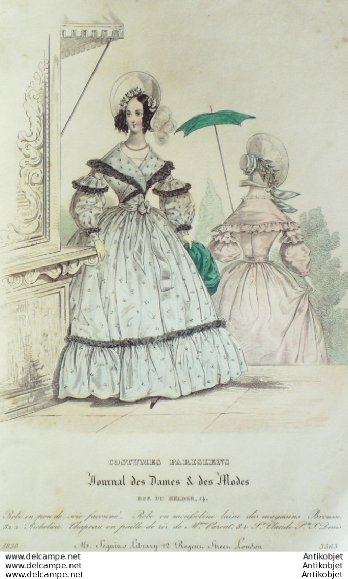 Gravure De Mode Costume Parisien 1838 N°3563 Robe En Poult De Soie Façonnée - Radierungen