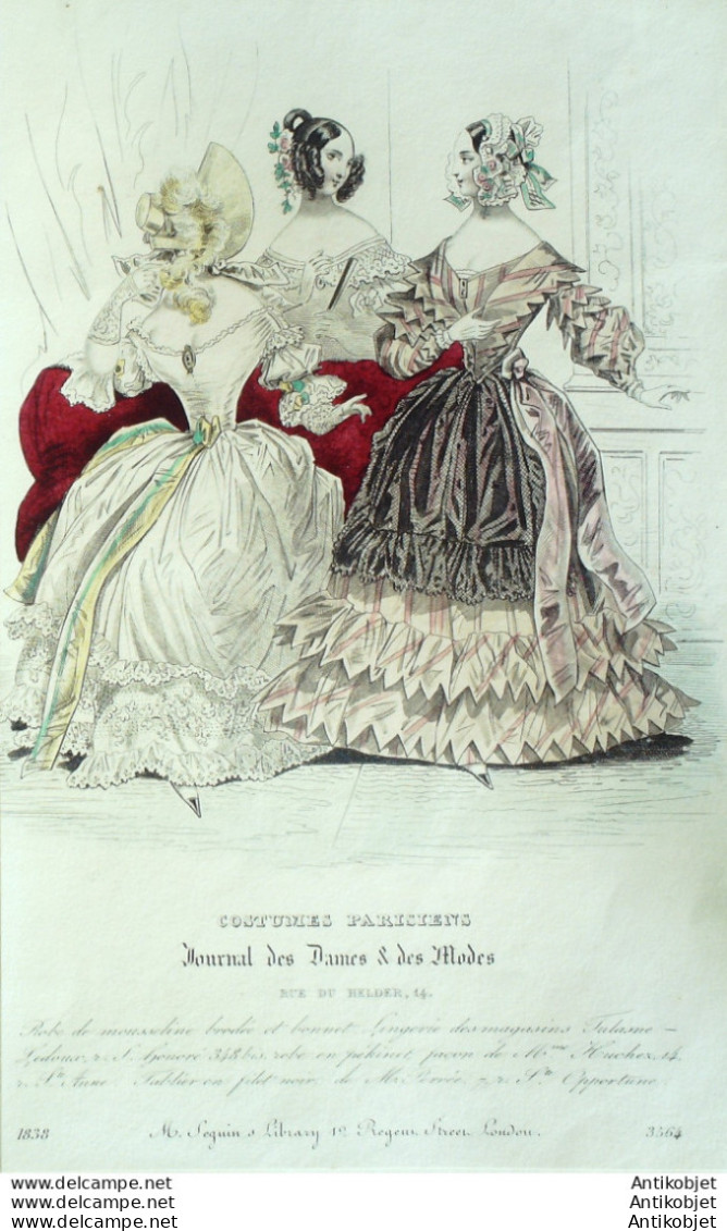 Gravure De Mode Costume Parisien 1838 N°3564 Robes Mousseline & Pékinet - Etsen