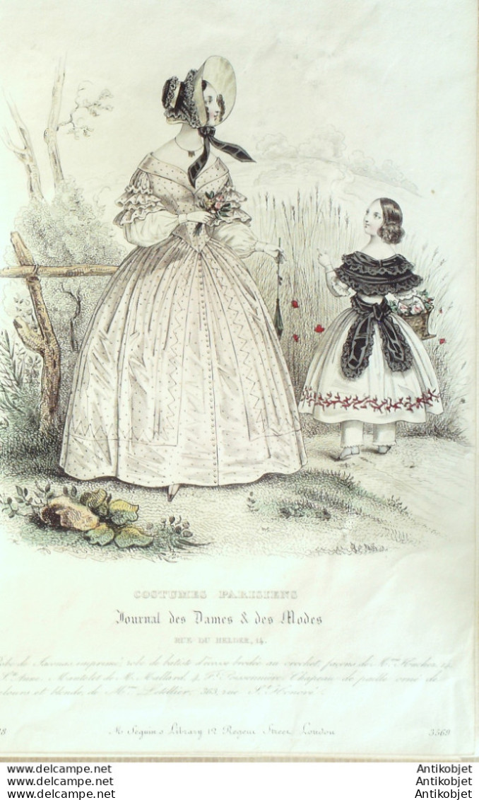 Gravure De Mode Costume Parisien 1838 N°3569 Robe De Jaconas Imprimée  - Etchings