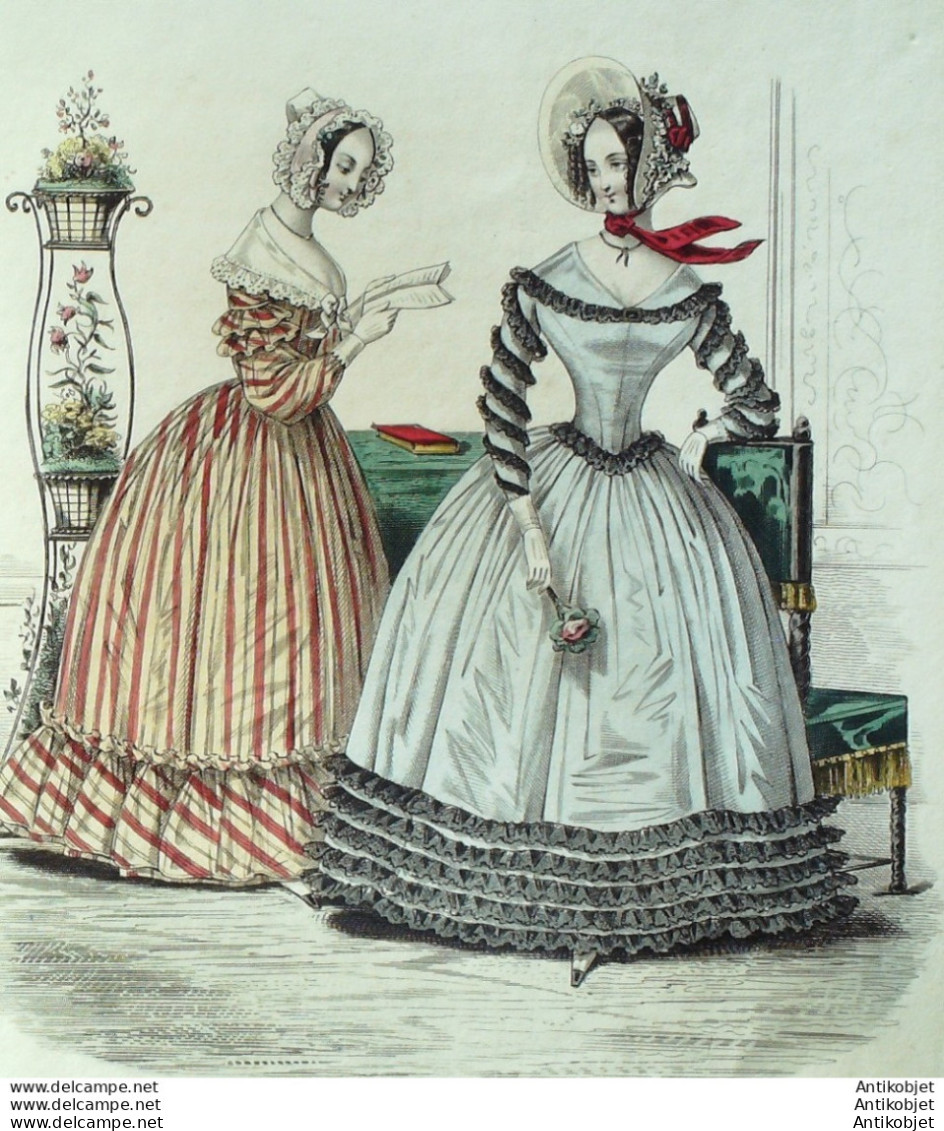 Gravure De Mode Costume Parisien 1838 N°3571 Robe En Mousseline De Laine - Etsen