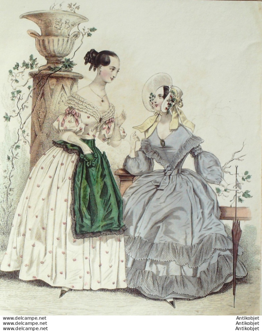 Gravure De Mode Costume Parisien 1838 N°3575 Robe De Jaconas Imprimé - Etchings