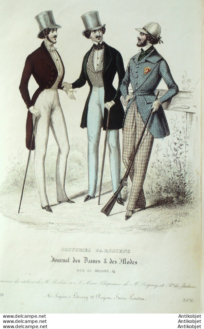 Gravure De Mode Costume Parisien 1838 N°3576 Costumes Drap Et Velours Homme - Etchings