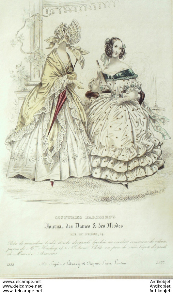 Gravure De Mode Costume Parisien 1838 N°3577 Robe Mousseline & Organdi - Etchings