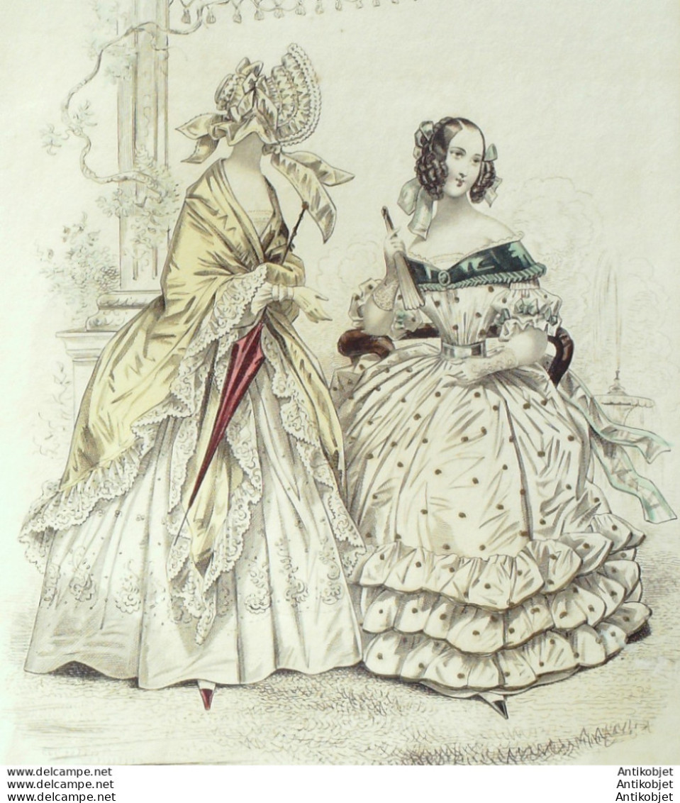 Gravure De Mode Costume Parisien 1838 N°3577 Robe Mousseline & Organdi - Aguafuertes