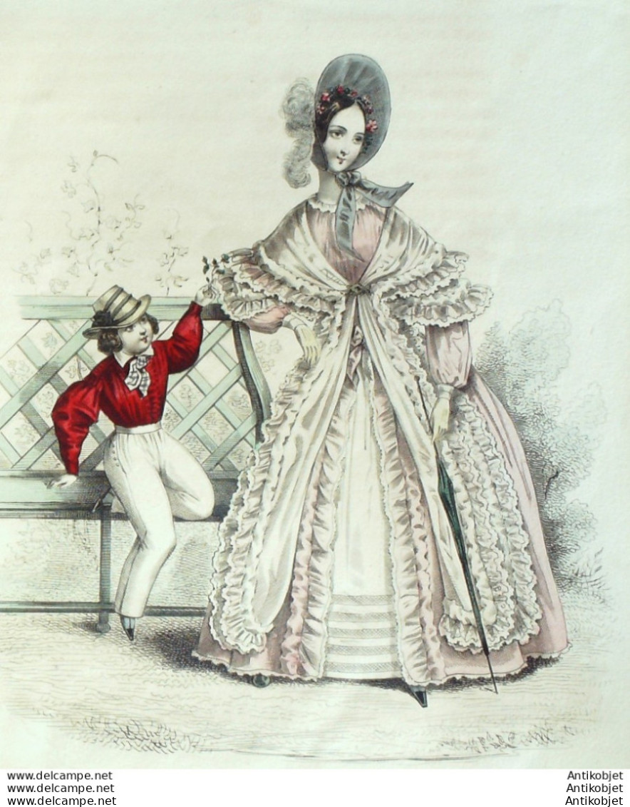 Gravure De Mode Costume Parisien 1838 N°3578 Peignoir & Mantelet En Jaconas - Etsen