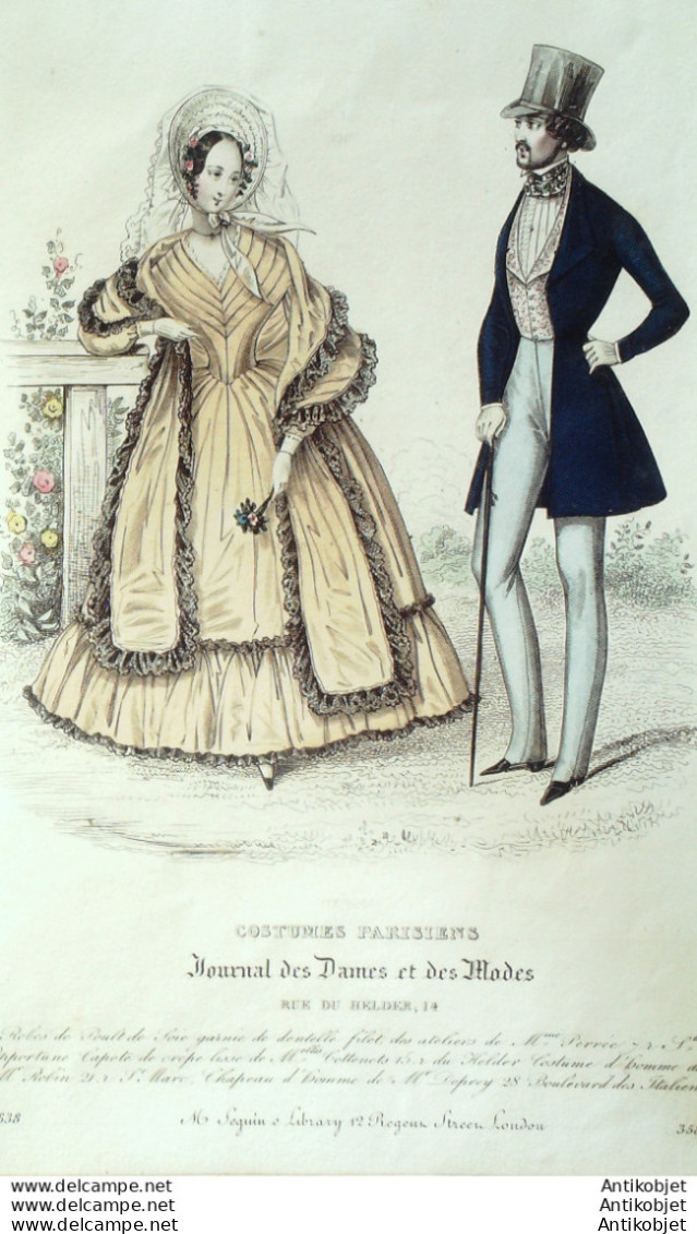 Gravure De Mode Costume Parisien 1838 N°3581 Costume Homme Veste Gilet Piqué - Eaux-fortes