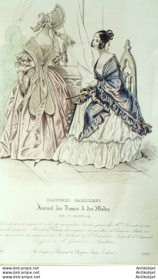 Gravure De Mode Costume Parisien 1838 N°3582 Robe De Gros De Naples  - Etchings