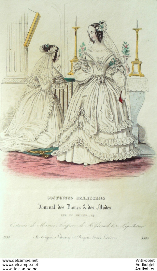 Gravure De Mode Costume Parisien 1838 N°3585 Costumes De Mariée Dames - Eaux-fortes