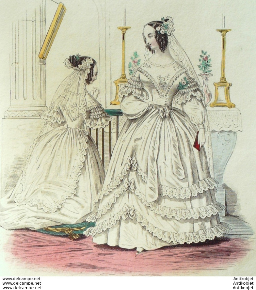 Gravure De Mode Costume Parisien 1838 N°3585 Costumes De Mariée Dames - Etsen