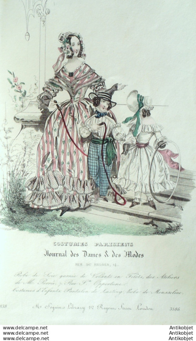 Gravure De Mode Costume Parisien 1838 N°3586 Robe De Soie Garnie De Volants - Etchings