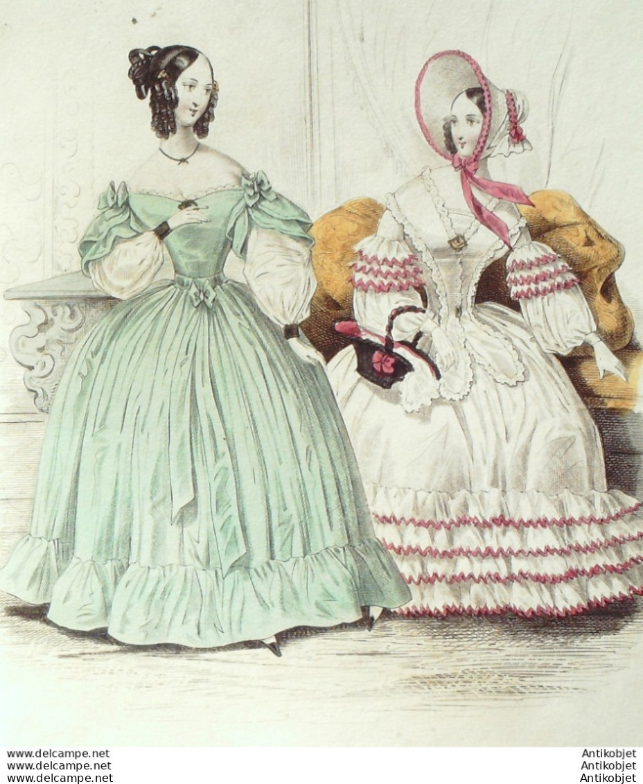 Gravure De Mode Costume Parisien 1838 N°3587 Robes Soie & Jaconas - Radierungen