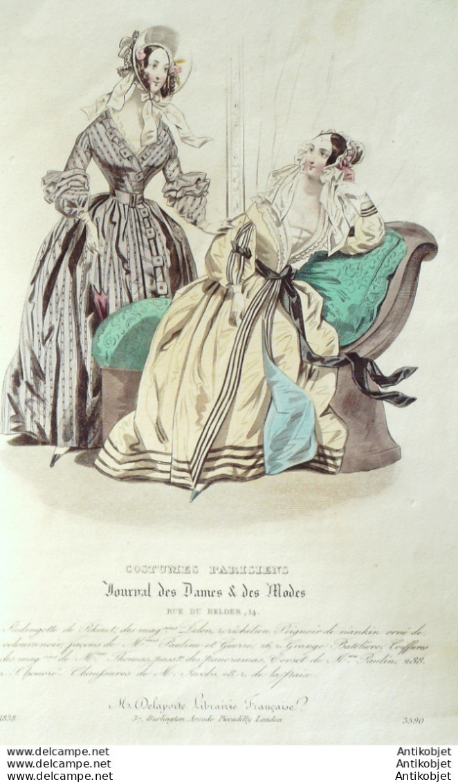 Gravure De Mode Costume Parisien 1838 N°3590 Redingote Pekinet Peignoir Nankin  - Eaux-fortes