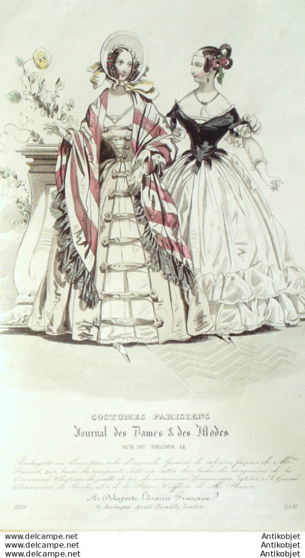 Gravure De Mode Costume Parisien 1838 N°3591 Redingote Lévantine Robe Organdi - Etchings