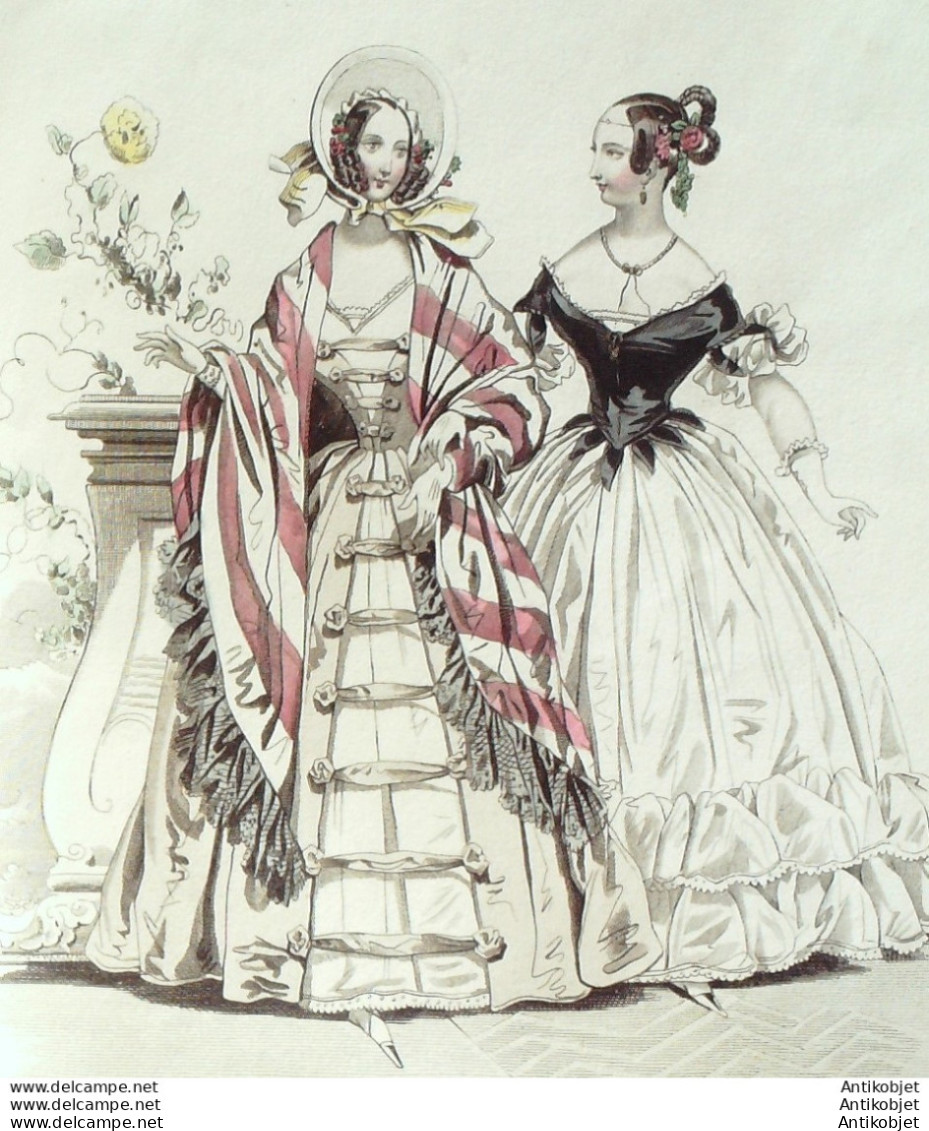 Gravure De Mode Costume Parisien 1838 N°3591 Redingote Lévantine Robe Organdi - Etsen
