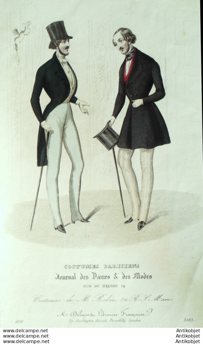 Gravure De Mode Costume Parisien 1838 N°3593 Costumes Homme En Drap Gilets  - Etchings